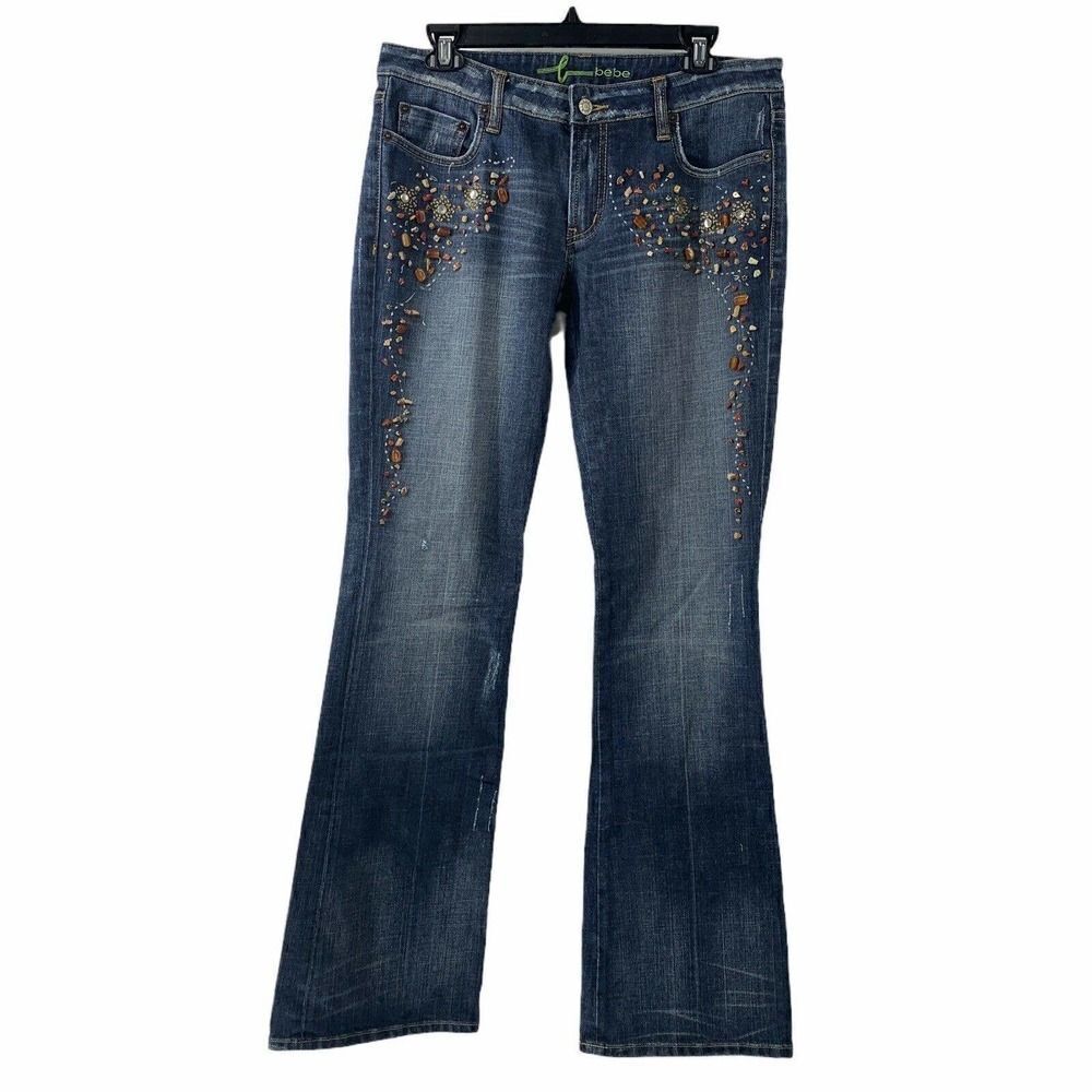 Bebe Y2K Jeans Beaded Size 30 Boot Cut Bohemian Stone Embellished Low Rise 2000s